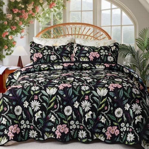 EVENHUG Quilt Queen Size Black Bedding Set Floral Bedspread Lightweight Reversible Bed Cover with 2 Pillow Shams for All Seasons 3 Pieces (92"X96")