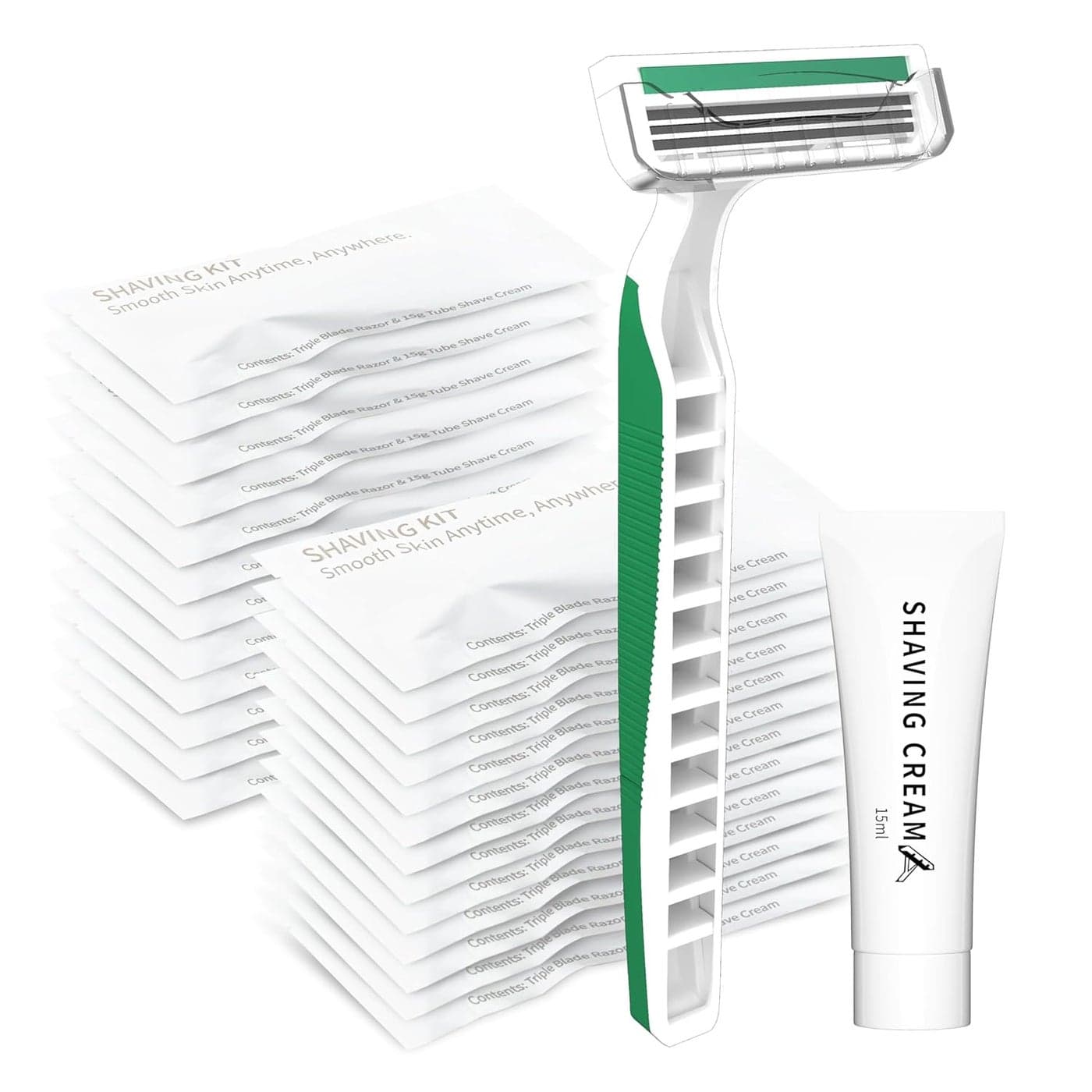 50 Pack 3 Blades Shave Razor kit in Bulk Pivoting Head with Protective Guard 15g Cream Individually Wrapped Paper Bag for HotelAirbnb HomelessShelter Camping Travel On The Go
