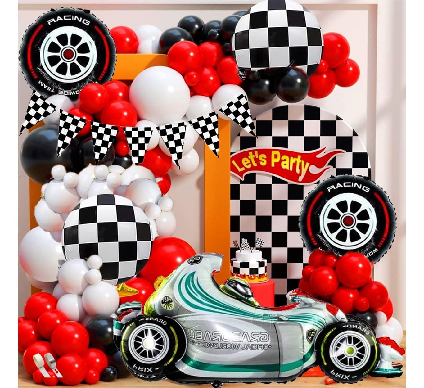 Pop The Party Racing Car Theme Birthday Decoration Kit For Boys - 38 Pieces With Black and White Checkered Racing Flags