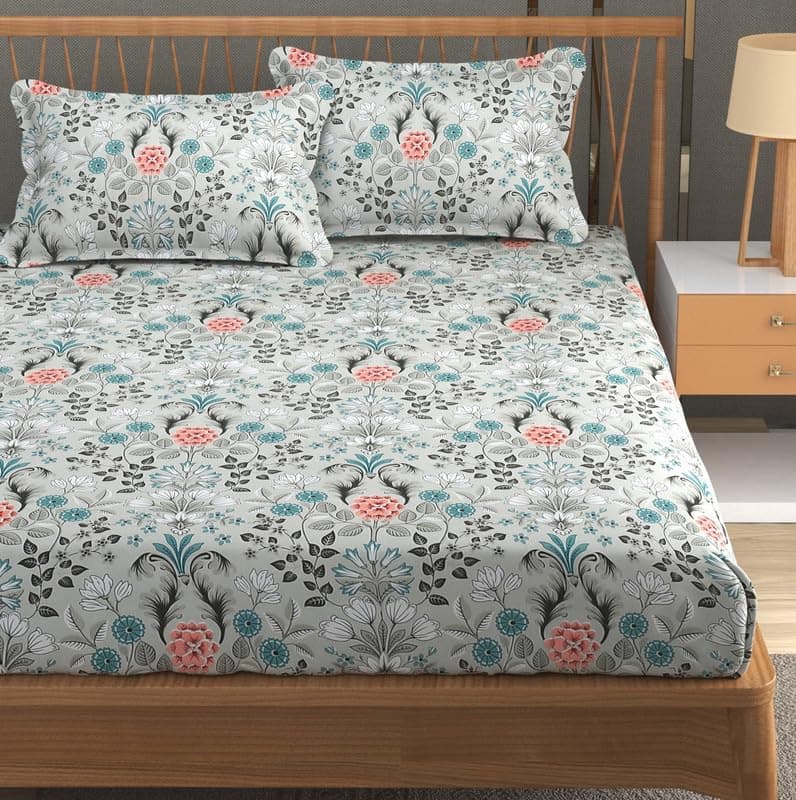 Furnofy 140 GSM Double Bedsheet with 2 Pillow Covers (90x100 Inches, Flat, White-Blue Flowers), Soft & Durable