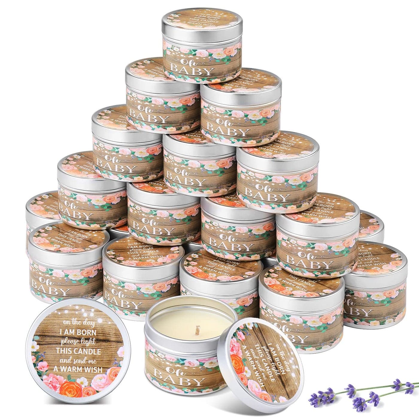 MTLEE 24 Pcs Wood Grain Baby Shower Party Favors Candles Lavender Scented Baby Shower Favors for Guests Rustic Tealights Candles Gender Reveal Return Gifts Girl Boy12 Oz Khaki