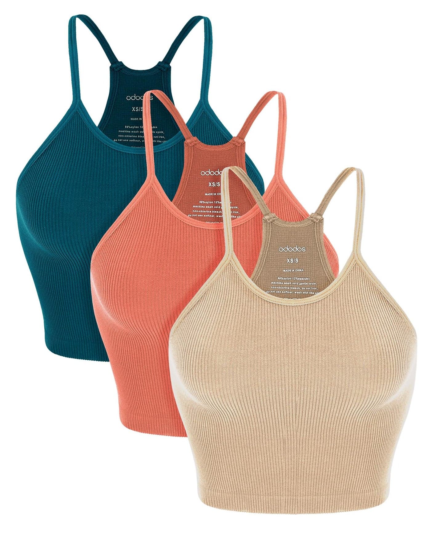 ODODOS Women's Crop Camisole 3-Pack Washed Seamless Rib-Knit Crop Tank Tops, Beige Coral Teal, X-Large/XX-Large