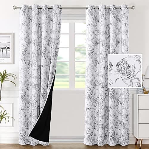HVERSAILTEX 100 Blackout Curtains for Living Room Camellia Floral 84 Inches Long Light Blocking Window Treatment with Black Liner Grommet Thermal Drapes 2 Panels Grey