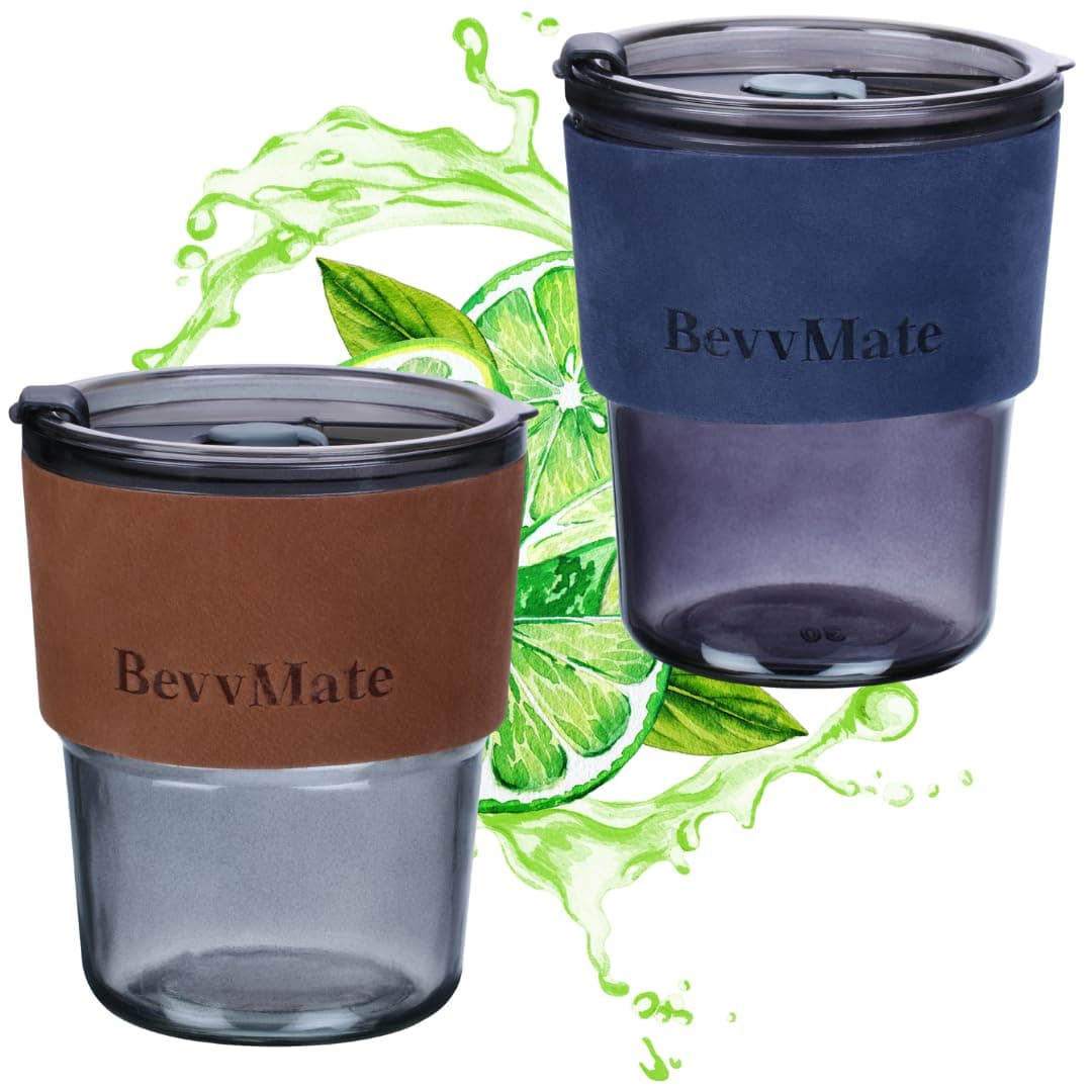 BevvMate Drinking Glass with Lid and Straw Leather Sleeve Pack of 2 Glass Tumbler for Sipping Coffee Mojito Beers Sodas Smoothies Tea 370ml BlueBlack BlackTAN
