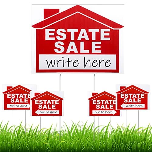 Queekay 5 Pack Estate Sale Signs Set with Stakes 12 x 16 Inch Double Sided Estate Sale Yard Signs Property Directional Arrows for Garage Supplies(Red, White)
