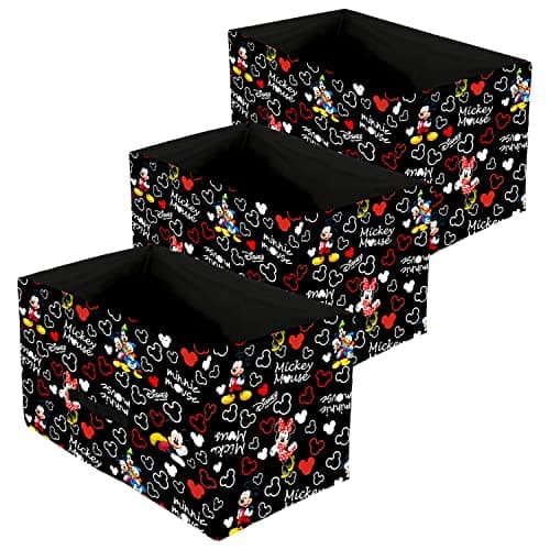 Kuber Industries Non-Woven Disney Mickey Print Foldable Drawer Storage Unit|Non Woven Storage Box For Clothes|Storage Organizer for Toys, Books, Baby Clothes|Pack of 3 (Black)
