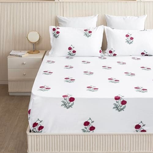 HOMEMONDE 210 TC Bedsheet Queen 90 x 100 Inches Premium Cotton Floral Printed Soft Flat Sheet with 2 Pillow Covers 18 x 28 Inch - Red Rose | Perfect for Home Decor & Gifting