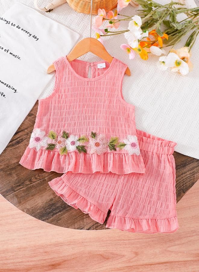 Girls Floral Embroidered Sleeveless Top And Shorts Set