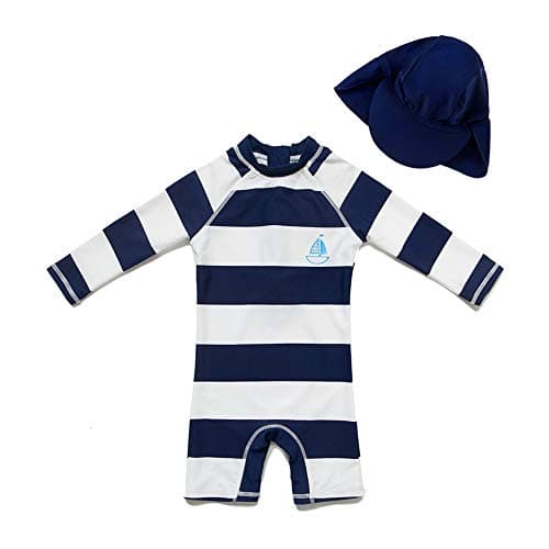upandfast Baby/Toddler One Piece Zip Sunsuits with Sun Hat UPF 50+ Sun Protection Infant Beach Swimsuit (Stripe(LS), 3-6 Months)