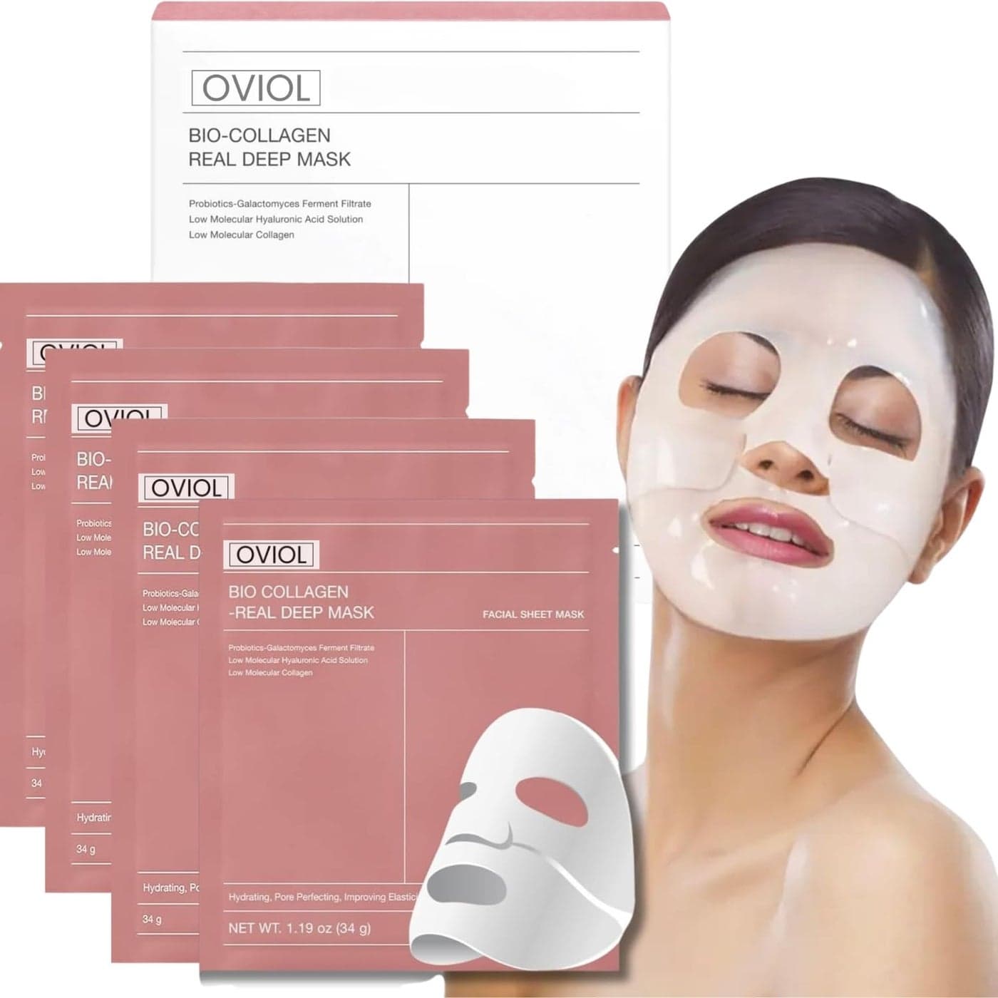 OVIOL Collagen Face Mask Pack of 4 Overnight Pack of 4 Deep Collagen Night Mask Korean Glass Skin Hydrogel Mask for Deep Hydration AntiAging Pore Minimizing Hyaluronic Acid Niacinamide Vitamin E 34g4 pack