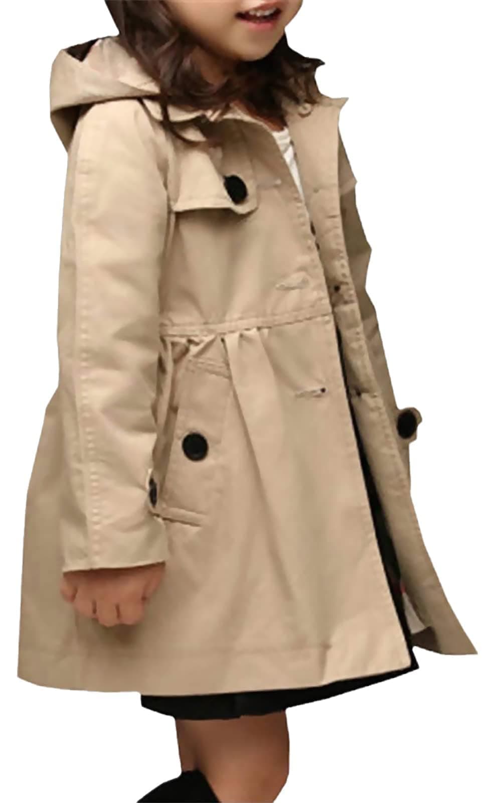 Betusline Little Girls Khaki Hooded Trench Coat Button Up Jacket Hoodie Khaki 45 Years Tag 120