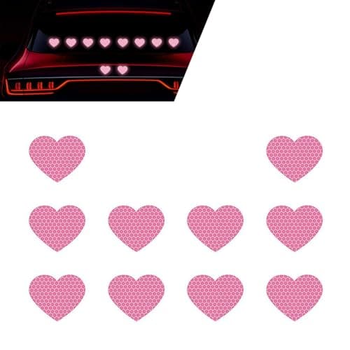 Foelony 10 PCS Car High Reflective Heart Stickers Night Safety Sign Bumper Decor Decals Vinyl Waterproof AntiScratch Grid Love Heart Sticker Universal for Car Truck Helmet Motorcycle Pink
