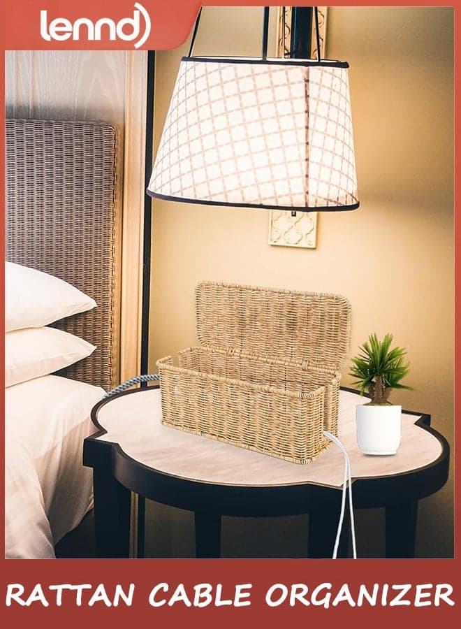 Cable Management Box, Handmade Rattan Cable Organizer, 2 Open Slots Cords Hider Box, Under Desk Cord Organizer for Computer Router USB Hub & Power Strip.