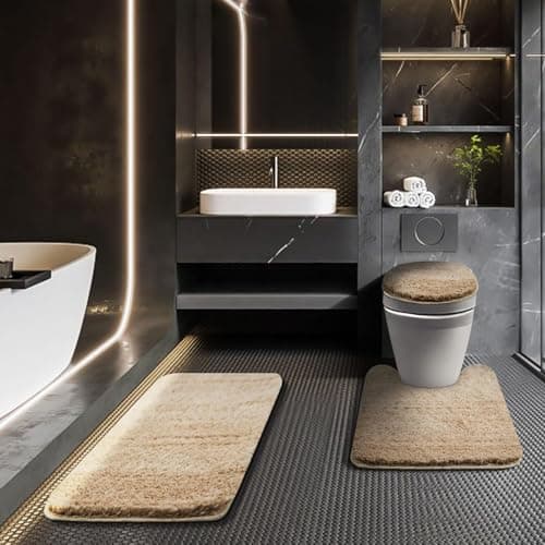 Baahrnom Bathroom Rugs Sets 3 Piece with Adjustable Toilet Seat Cover 17.5"x 15" Machine Washable Bath Rug Set with TPR Non Slip Rubber Backing Solid Bath Mat Set for Luxury Bathroom Decoration