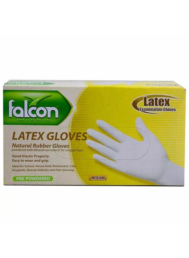 Falcon Pre Powdered Latex Gloves, Natural Rubber Gloves, Medium - 100 Gloves