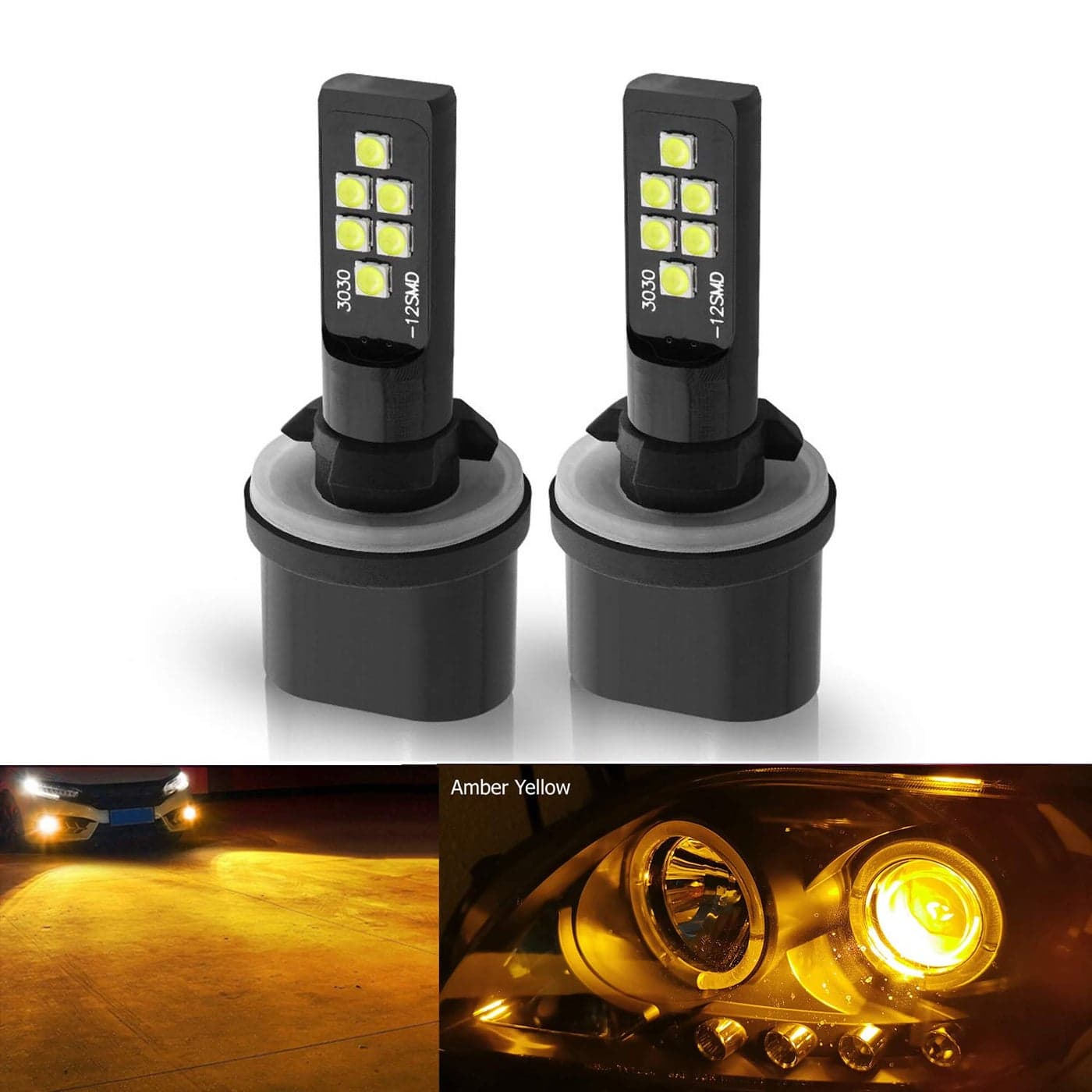 SOCALLED LIGHTING 2x 880 893 899 LED Fog Light Bulb for Powersports Advanced 3030 SMD Bright Colorful Daytime Running DRL Lamp Amber Yellow