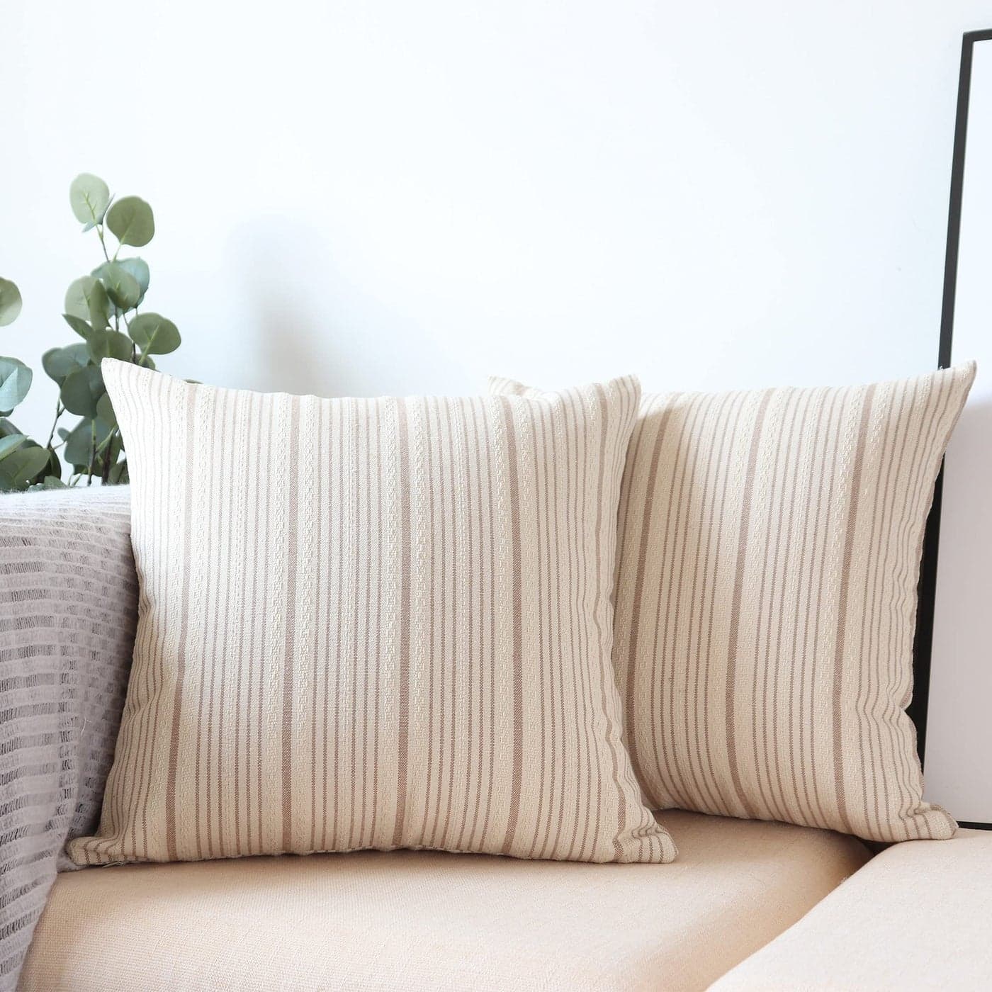 NAVIBULE Tan Pillow Covers Farmhouse Linen Throw Pillow Covers Striped Outdoor Decorative Square Throw Pillows for Couch Sofa Bed 20 x 20 in Pack of 2 Cream and Beige