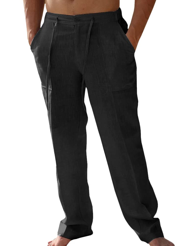 PASLTER Mens Casual Linen Pants Loose Fit Straight-Legs Elastic Drawstring Waist Summer Beach Long Pant A-Black