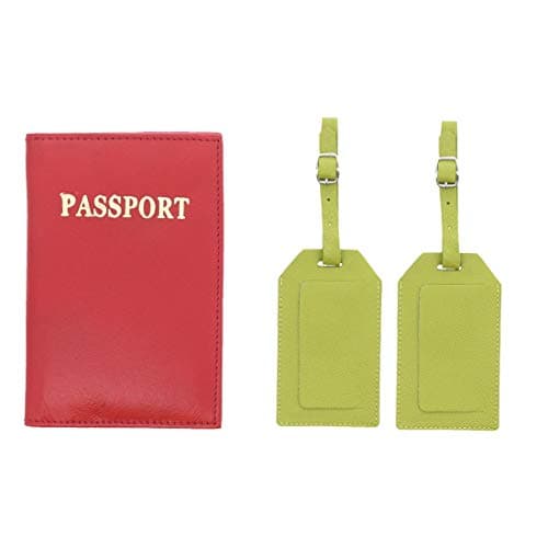 Passport & 2 Luggage Tags Set Genuine Leather Red Green