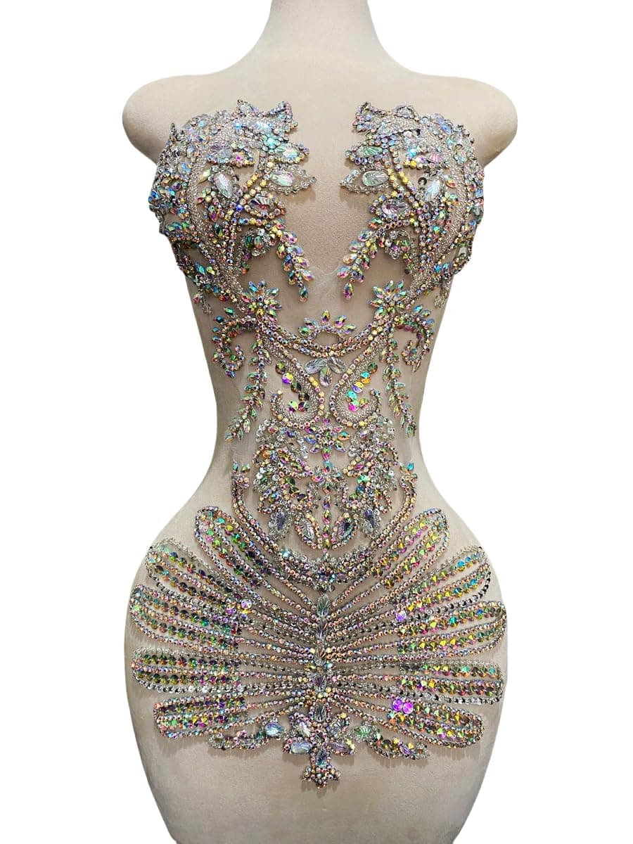 MOPISVN Pure Handmade Beads Rhinestones lace Applique Bodice Patches Trimming sew on Sequins Stones Beads Shining Heavy Decoration for Wedding Dress DIY Accessories 14.5X24.8inches (Clear AB)