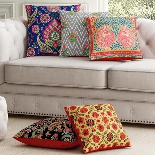 SEJ by Nisha Gupta Cushion Covers 16 Inch x 16 Inch Set of 5 Pcs | Printed Polycotton Cushions for Sofa | Decorative Cushion Pillow | Square Pillow Covers for Sofa Living Room (SEJ-001, Premium)