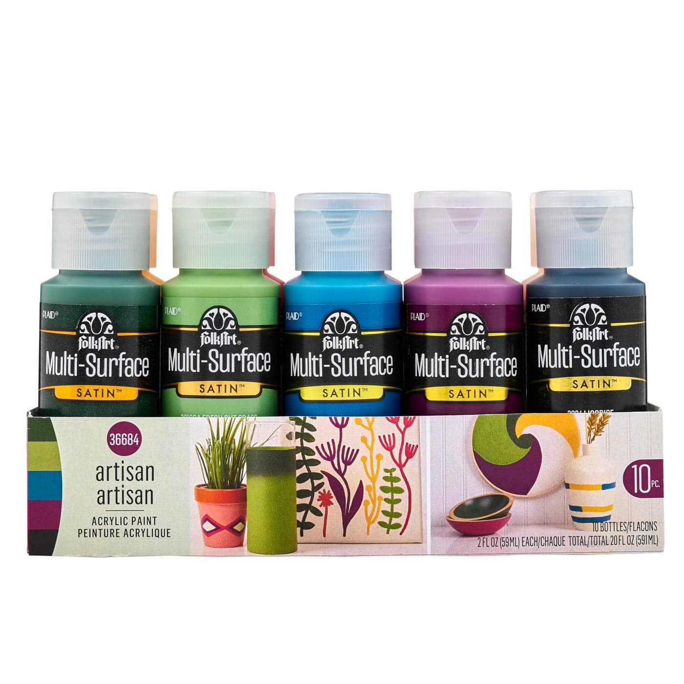 FolkArt Artisan MultiSurface Acrylic Craft Paint Set 10 Piece Satin Finish Colors Perfect for DIY Arts and Crafts Projects
