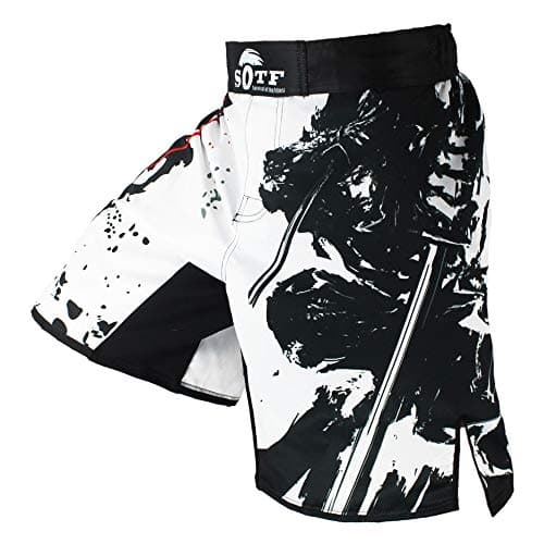 SOTF MMA Shorts Muay Thai Boxing Trunks Comfortable Kickboxing Fight Wear, White, L=28-32"