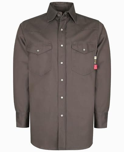 KONRECO FR Shirts for Men Long Sleeve Flame Resistant Pearl Snaps Cotton Men's Welding Shirt Grey- Size 2XL