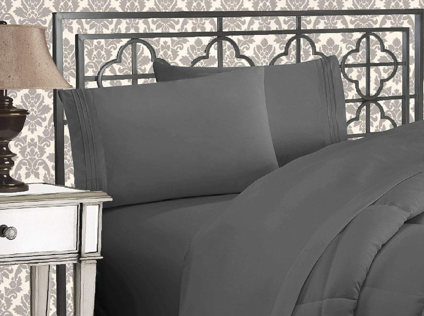 Elegant Comfort Wrinkle Fade Resistant 1500 Thread Count Damask Stripes Egyptian Quality Luxurious Silky Soft 4Piece Sheet Set Up to 16 Deep Pocket Queen Gray