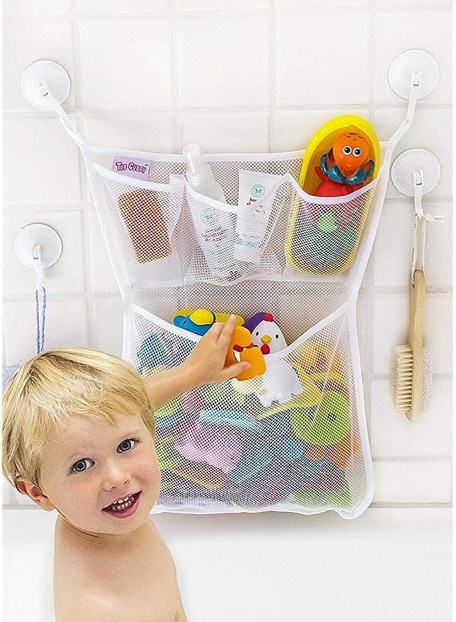 Bath Toy Organizer - Xl Baby Bath Toys Bin With 3 Extra Pockets For Soaps & Shampoos Mold Resistant Quick Dry Mesh