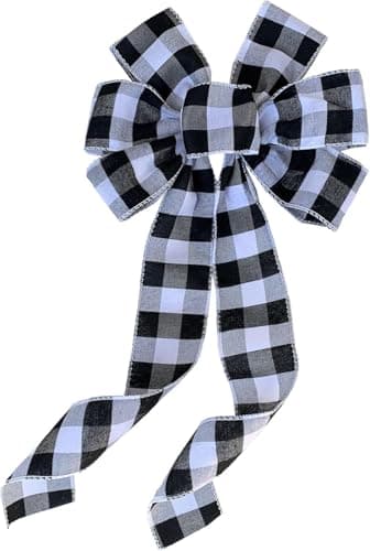 Buffalo Plaid Christmas Wreath Bow - 10" Wide, 18" Long Pre-Tied Bow, Black and White Checkers, Door Decor, Swag, Wreath, Garland, Winter