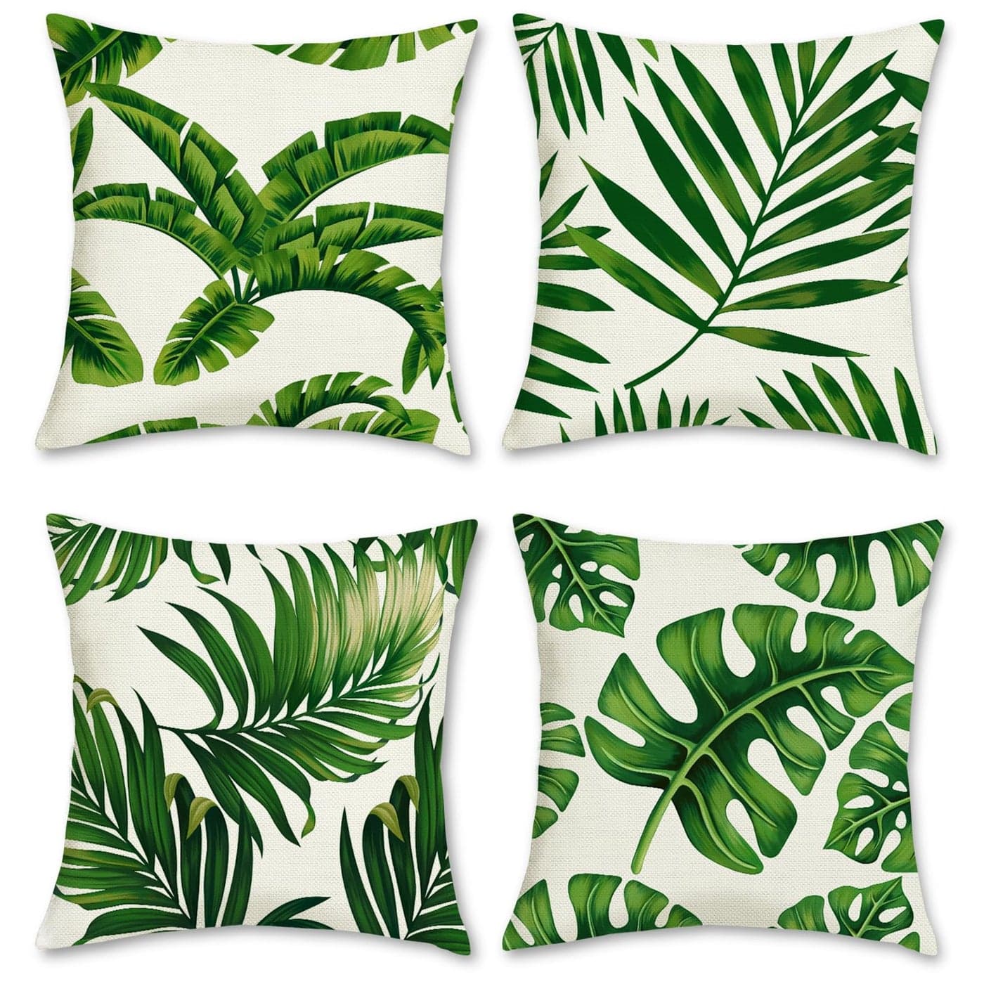 Bonhause Tropical Leaves Throw Pillow Covers 18 x 18 Inch Set of 4 Green Palm Leaf Decorative Pillow Cases Polyester Linen Outdoor Cushion Covers for Sofa Couch Garden Home Decor
