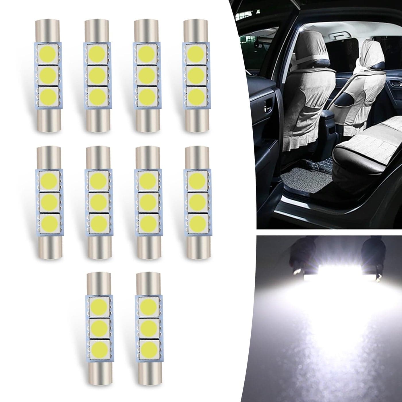Jewkot 10 PCS Car LED Reading Light 28mm 6614F6612F 50503SMD 180 Degree Lighting Super Bright Sunshade Vanity Light Plug Play No Delay Roof Light Replacement Suitable for Most Car Models White