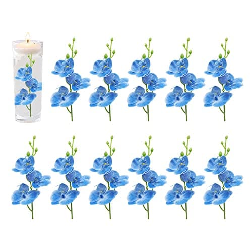 ARDUX 12 Pieces Artificial Flower Vase Fillers for Floating Candles Blue Orchid Flower Vase Fillers for Table Centerpiece Decorartion Wedding Party Home Bar Restaurant Decor Blue