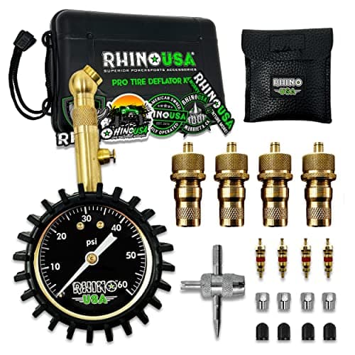 Rhino USA Adjustable Tire Deflators with Gauge (0-60psi) Calibrated & Automatic Tire Air Down Tool - Large 2" Easy Read Glow Dial & Solid Brass Hardware - Best Offroad Deflator for Jeep, Truck or ATV