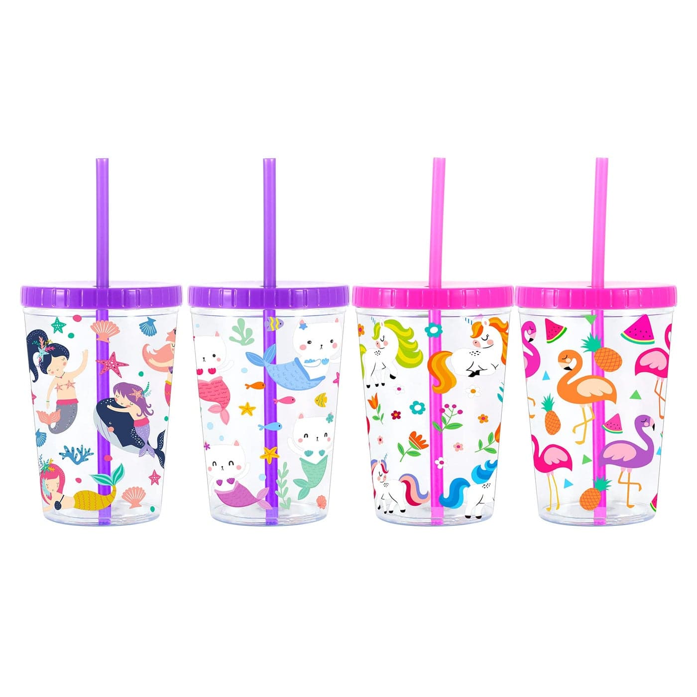 Home Tune 16oz Kids Tumbler Water Drinking Cup 4 Pack - BPA Free, Straw Lid Cup, Reusable, Lightweight, Spill-Proof, Cute Design for Girls & Boys - Flamingo, Kitty Mermaid, Unicorn