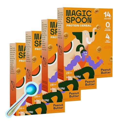 Magic Spoon High Protein Cereal with Exclusive Spoon - Sugar Free Snacks & Breakfast Food - Grain & Gluten Free Cereal - Healthy Snacks - Low Carb & Keto Friendly - 4 Pack, Peanut Butter