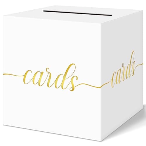 QIKSION White Wedding Card Box Gold Foil Gift Card Box for Party Wedding Reception Birthday Graduation Decorations Baby Bridal Shower Anniversary Retirement
