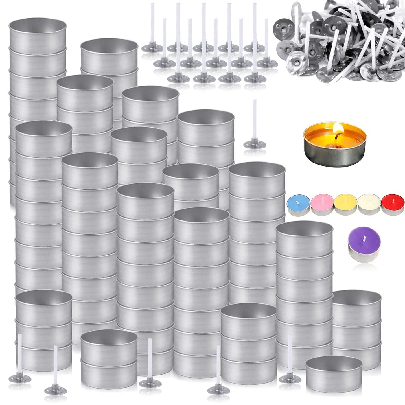 WFPLUS 100 Pcs Aluminum Tea Lights Cups Empty Case Candle Wax Containers Metal Tea Light Tins with 100 Pcs Candle Wicks Packaged in Carton Box Candle Mold for DIY Candles Making Supplies