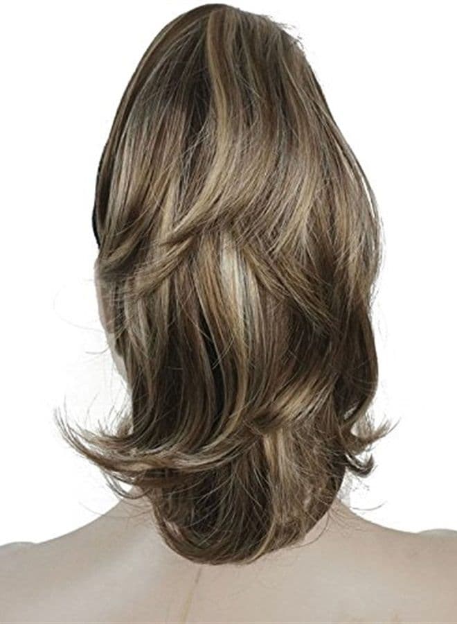 12" Dual Use Straight Curly Styled Clip In Claw Ponytail Hair Extension Synthetic Hairpiece 125g with a jaw/claw clip (12TT26 Light Brown with Highlights)