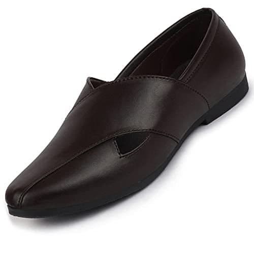 FAUSTO Men's Ethnic Criss Cross Slip On Juttis and Mojaris for Wedding|Party|Occasions|Fashion|Stylish|Outdoor|Indoor|Lightweight|Shoes with Anti Skid Sole (Brown, Numeric_6)