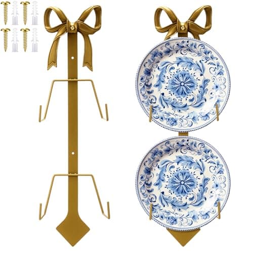 Zonon 1 Pack Gold Bow Plate Holder for Wall Bow Knot Iron Easel Display Rack Wall Mount Metal Plate Hanger Stand for Hanging Photo Frame Art Plaque for Cabinet Kitchen Counter Bar Cafe (18.5 x 7 Inch)