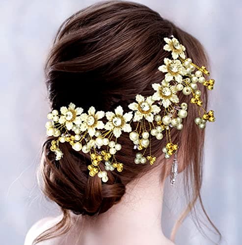 Hair Flare 2208 Hair Vien, Bridal Hair Accessories For Women Hair Pins For Wedding, Anniversary- Pack Of 1, White And Golden