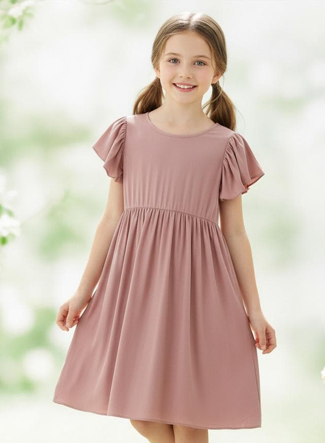 Girls Solid Puff Sleeve Dress