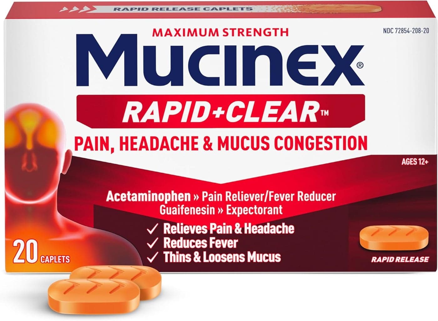 Mucinex Rapid Clear Maximum Strength Cold Medicine Expectorant Fever Pain Headache Excess Mucus Relief with Acetaminophen Guaifenesin Rapid Release Caplets for Adults 20 Count