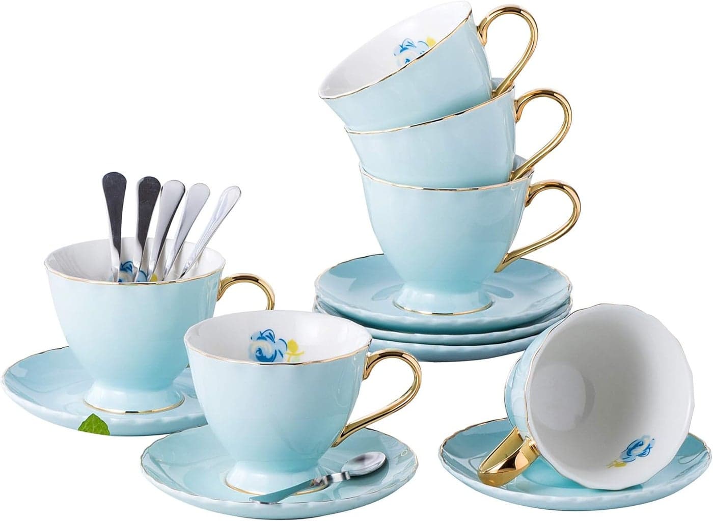 Jusalpha Fine China Tea Cup and Saucer Coffee Cup Set with Saucer and Spoon Set of 6 FDTCS02 blue 6 7oz