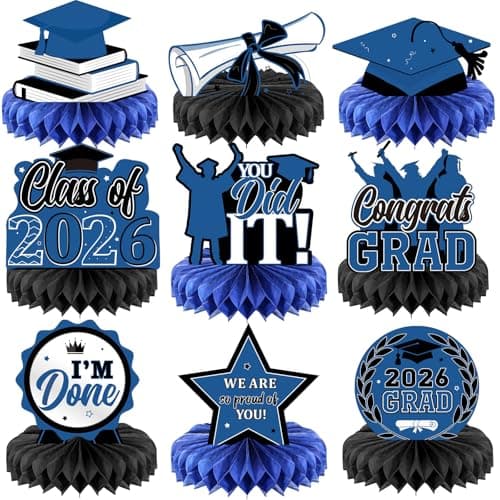 Yisong 9 Pieces 2026 Graduation Party Table Decorations Class of 2026 Congrats Graduation Centerpieces for Tables Congratulate Honeycomb Centerpiece Topper for Grad Party SuppliesBlue