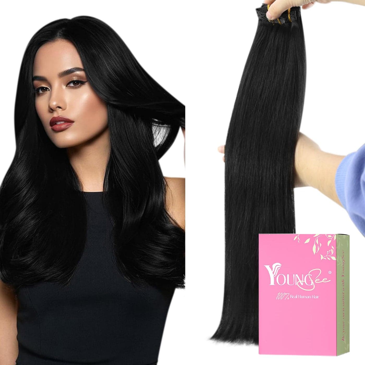 YoungSee Clip in Human Hair Extensions Black Short Human Hair Clip in Extensions Jet Black Clip in Hair Extensions Real Human Hair Natural Hair Extensions for Women 12Inch 80G 7Pcs