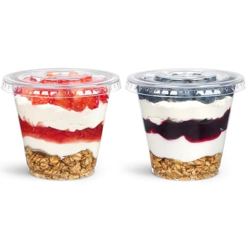 Jycnolm 50 Sets 9 oz Clear Plastic Fruit Cups with Lid No Hole Disposable Plastic Cups with Lids for Yogurt Parfait Pudding Dessert Cake Ice Cream Snack Cup Party Supplies
