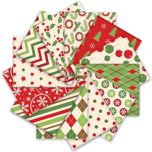 Whaline 12Pcs Cotton Fabric Bundles Xmas Tree Snowflake Dot Stripe Printed Fat Quarters Holiday Sewing Fabrics for Christmas DIY Handmade Crafting 18 x 22 Inch